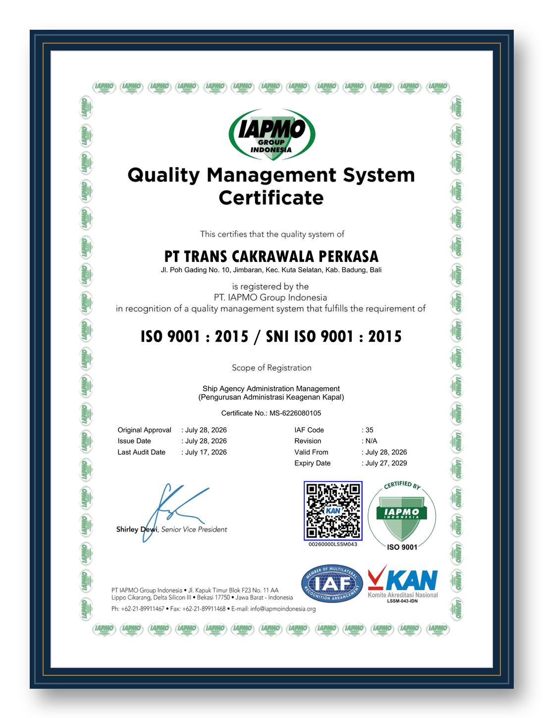 Mockup sertifikat sistem manajemen mutu ISO 9001:2015 PT Trans Cakrawala Perkasa